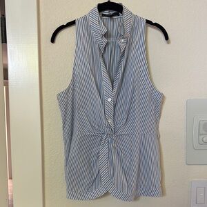 BCBGMaxAzria Blue and White Notched Collar Tie Front Blouse